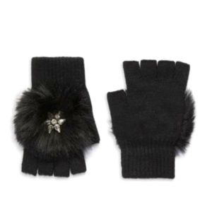 Black faux fur embellished fingerless gloves
